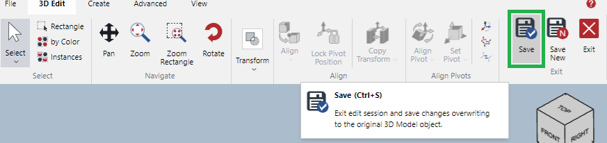 Save Button in the Exit Panel on the 3D Model Edit Mode Ribbon Tab Save Button in the Exit Panel on the 3D Model Edit Mode Ribbon Tab